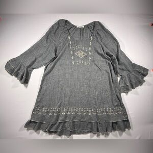 Indigo Soul Boho- Peasant Embroidered Ruffle Tunic Dress Gray Bell Sleeve Large